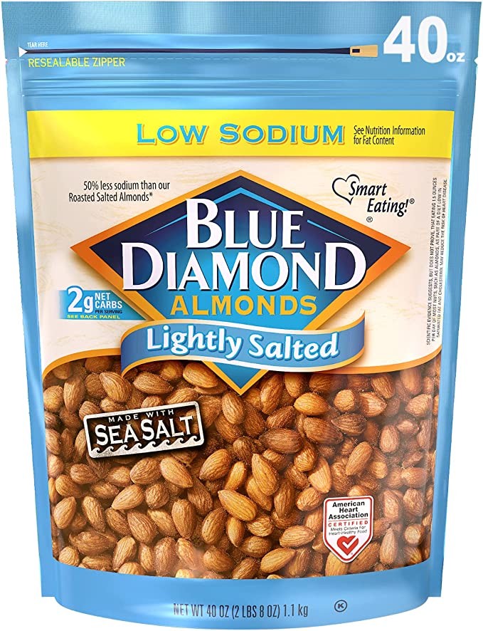Blue Diamond Almonds Low Sodium Mildly Salted Snack Nuts, 40 oz (1.1kg) Resealable Bag (1 Pack)