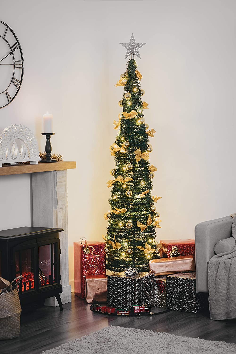 FiNeWaY 6FT / 180cm Green Pop Up Xmas Tree With Pre Lit 60 LED - With Golden Bows, Baubles - Decorated Christmas Lighted Tree - Festive Season - Energy Efficient Long Lasting LEDs – For Home Office